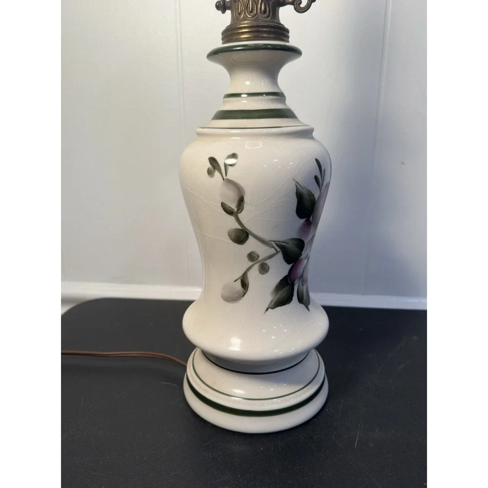 VTG Hand-Painted Crackle Ceramic Table Lamp Pink Floral Brass Hollywood Regency‎